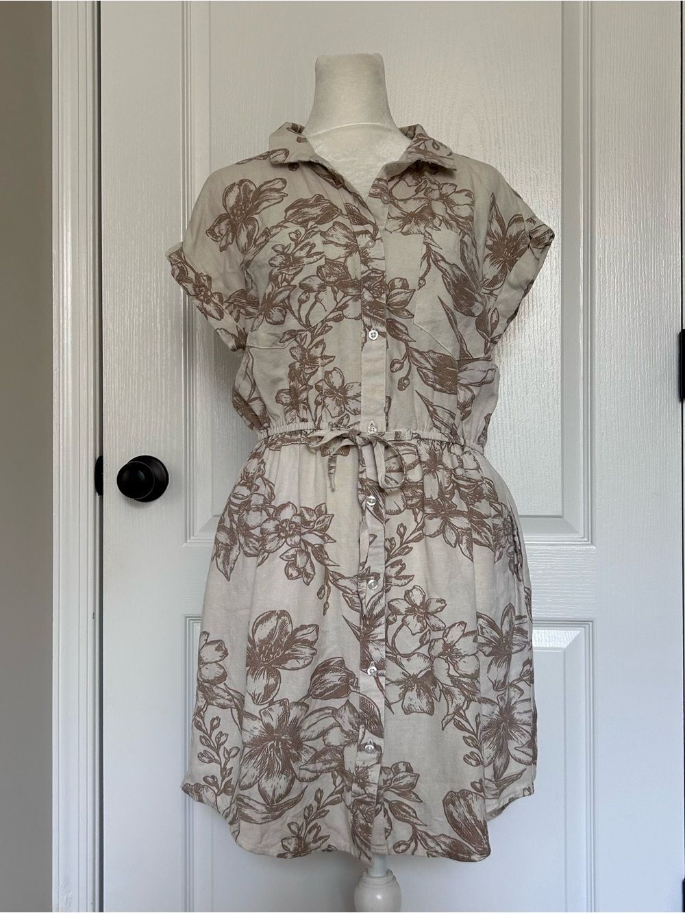 Japna Boho Chic Floral Shirt Dress Neutral Tan Cream Button Down Medium